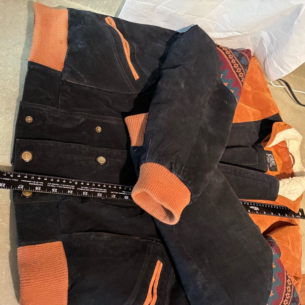 Vintage Aztec Color block Suede Jacket USA Faux Sherpa Trim Rancher *DISTRESSED - Picture 9 of 16